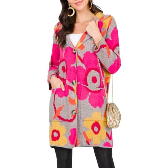 DAVI & DANI Floral Cardigan in Pink, Yellow, and Gray - Picture 1 of 12